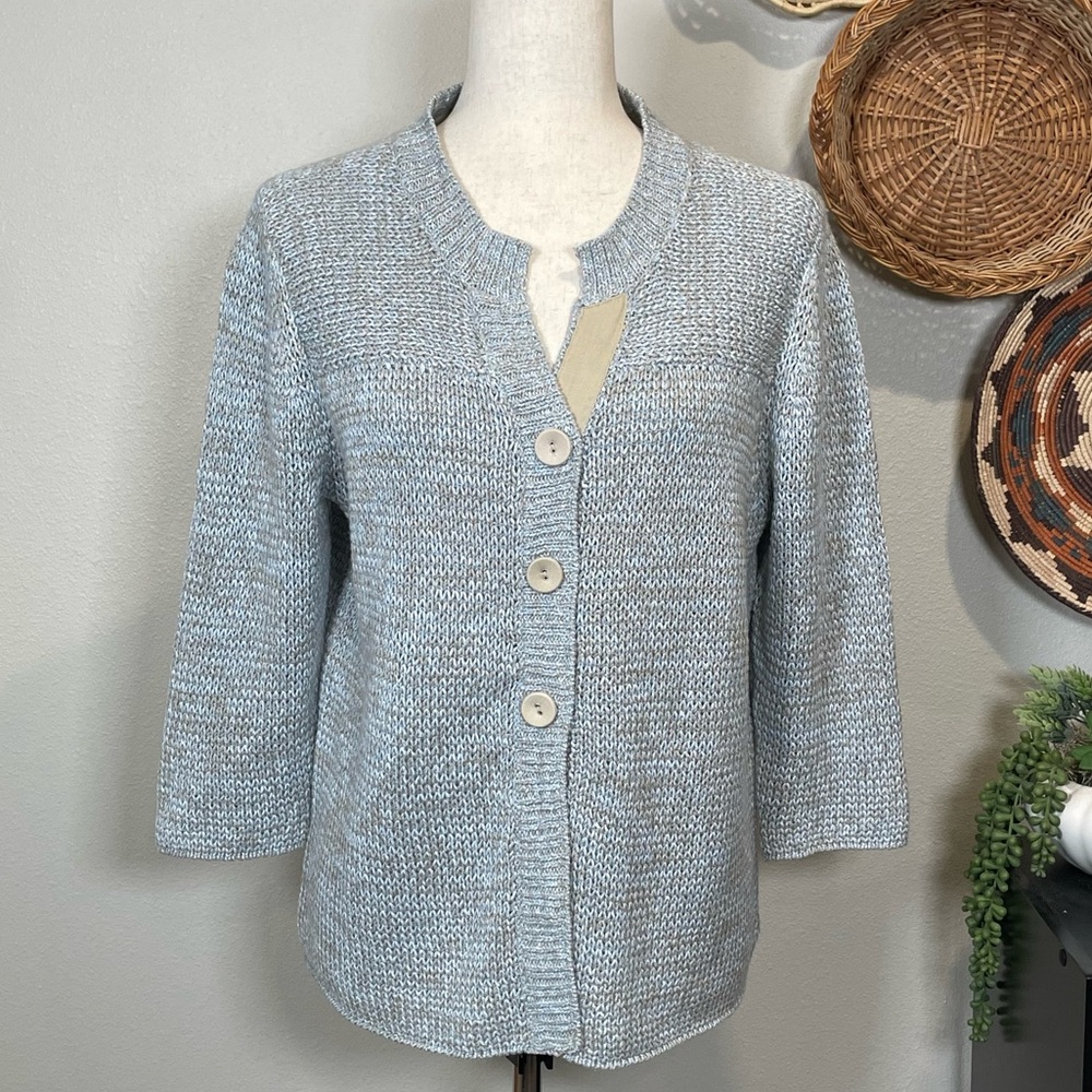 Eddie Bauer Cardigan Sweater Tan Gray/Blue Linen Blend Size Large